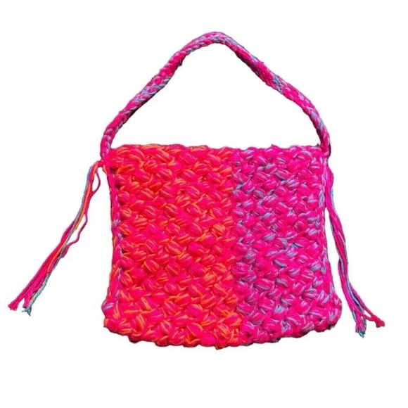 Crochet Shoulder Tote Handbag Pink Orange Blue Medium Bright Tassel Handmade - Picture 7 of 7
